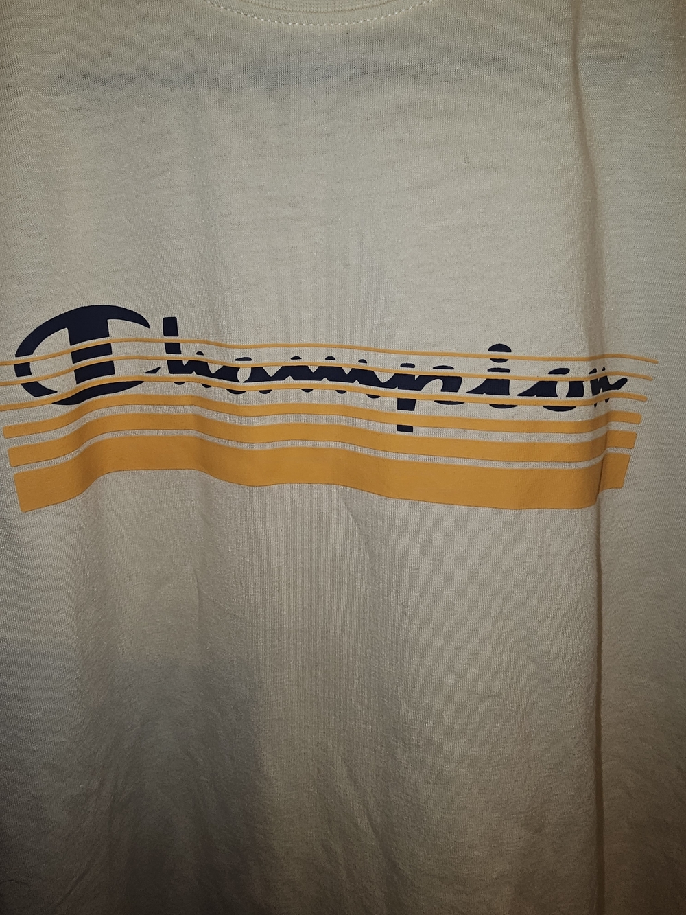 Champion White Short Sleeve Tee with Navy Logo and Yellow Stripes